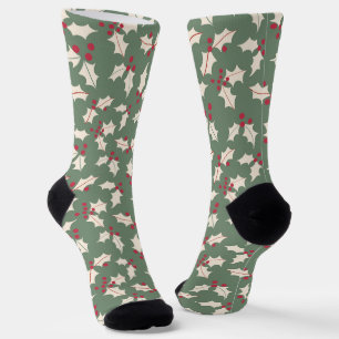 Elegant Holly Pattern Green Red, Ivory Socken