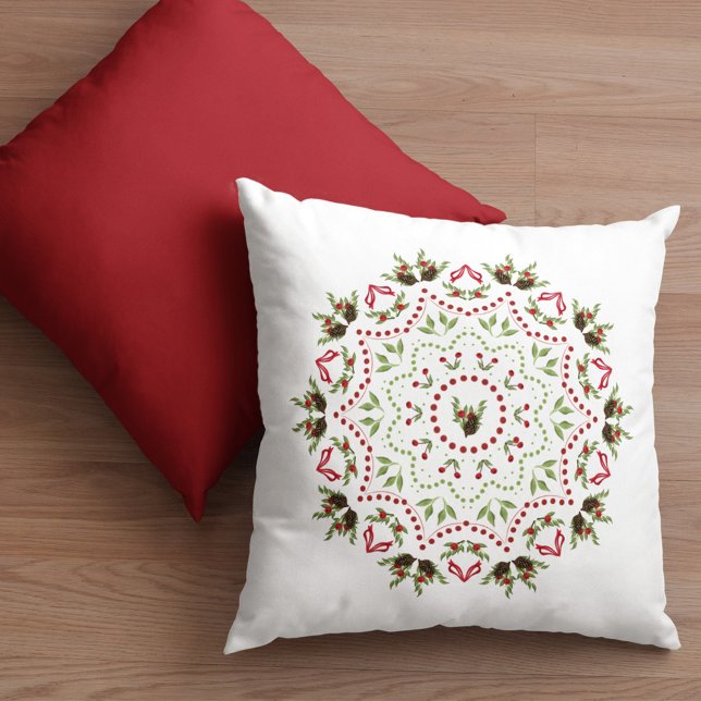 Elegant Holly Pinecone Holiday Mandala Kissen (Christmas simple holiday wreath mandala decorative throw pillow)