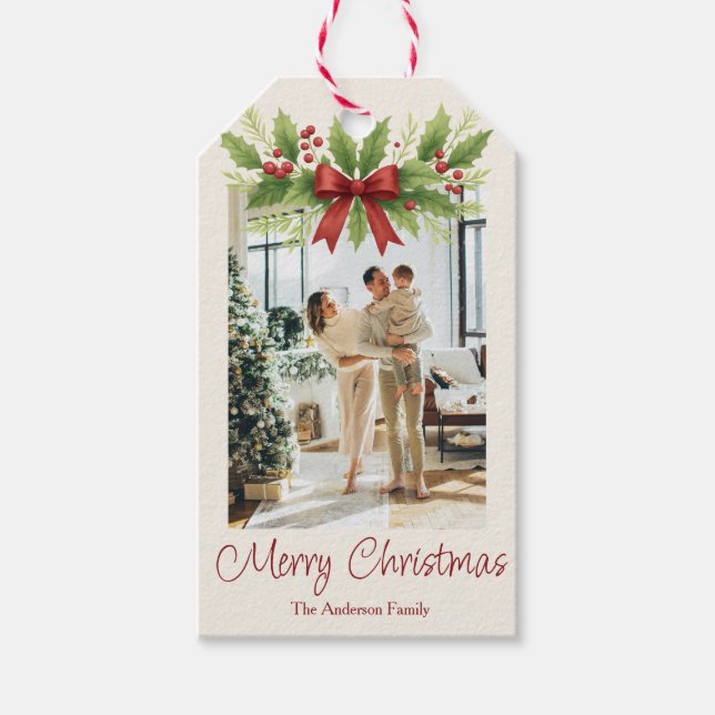 Elegant Holly & Red Bow Christmas - Geschenkanhänger (Vorderseite)