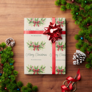 Elegant Holly & Red Bow Christmas - Geschenkpapier