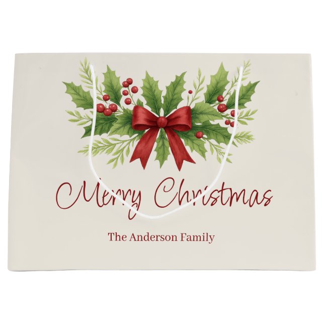 Elegant Holly & Red Bow Christmas - Große Geschenktüte (Vorderseite)