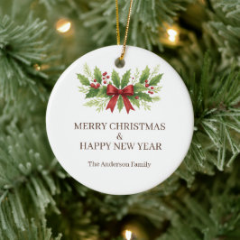 Elegant Holly & Red Bow Christmas - Keramik Ornament