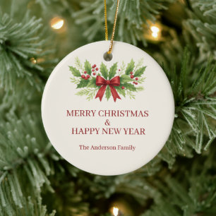 Elegant Holly & Red Bow Christmas - Keramik Ornament
