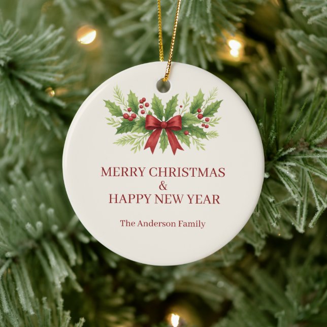 Elegant Holly & Red Bow Christmas - Keramik Ornament (Baum)