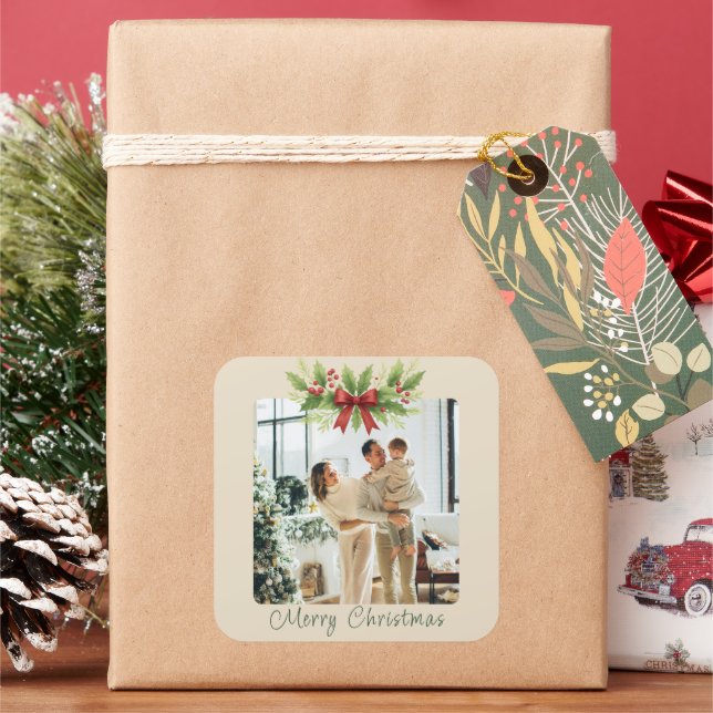 Elegant Holly & Red Bow Christmas - Quadratischer Aufkleber (Feiertag)