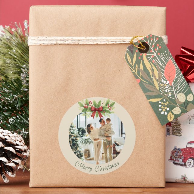 Elegant Holly & Red Bow Christmas - Runder Aufkleber (Feiertag)