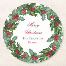 Elegant Holly und Berries Wreath Frohe Weihnachten Runder Pappuntersetzer