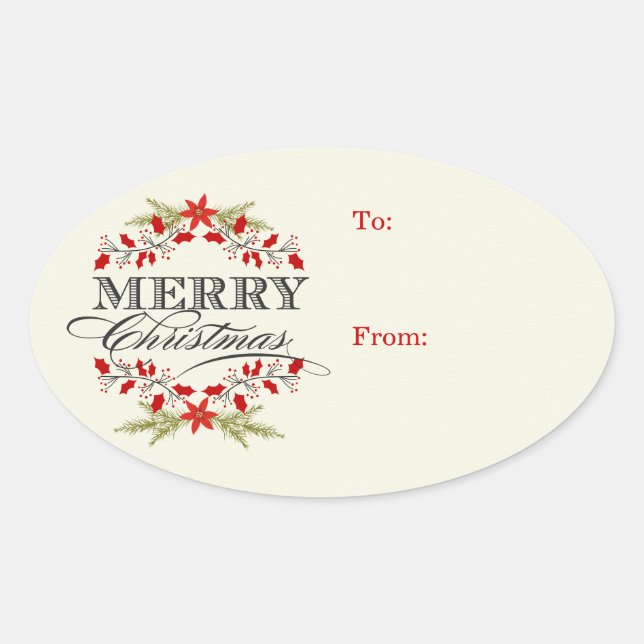 Elegant Holly Weihnachtstypografie-Geschenketikett Ovaler Aufkleber (Vorderseite)