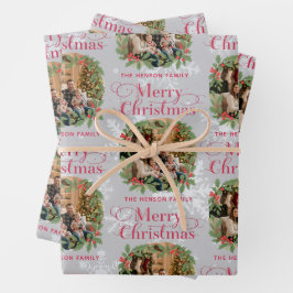 Elegant Holly Wreath Merry Christmas Family Photo Geschenkpapier Set