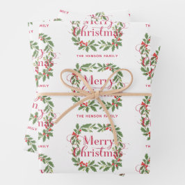 Elegant Holly Wreath Merry Christmas Geschenkpapier Set