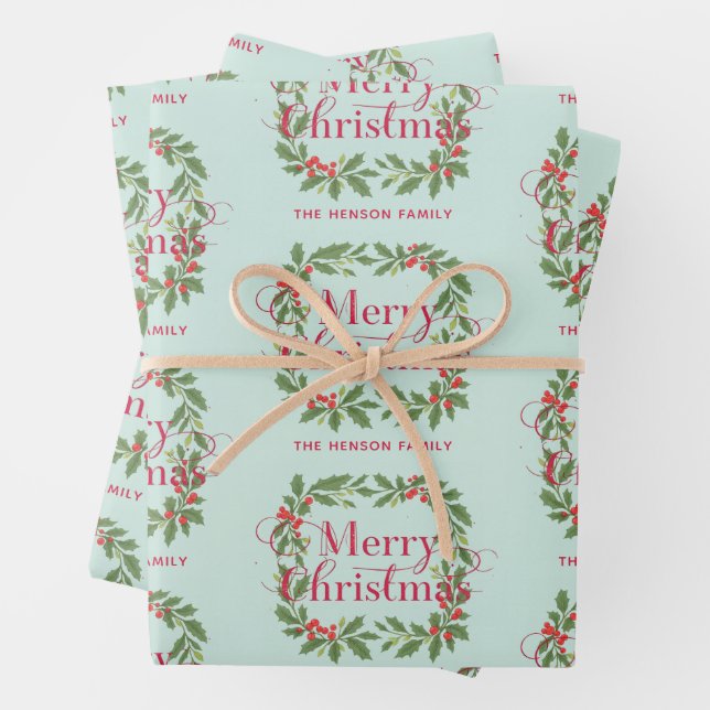 Elegant Holly Wreath Merry Christmas Geschenkpapier Set (Beispiel)