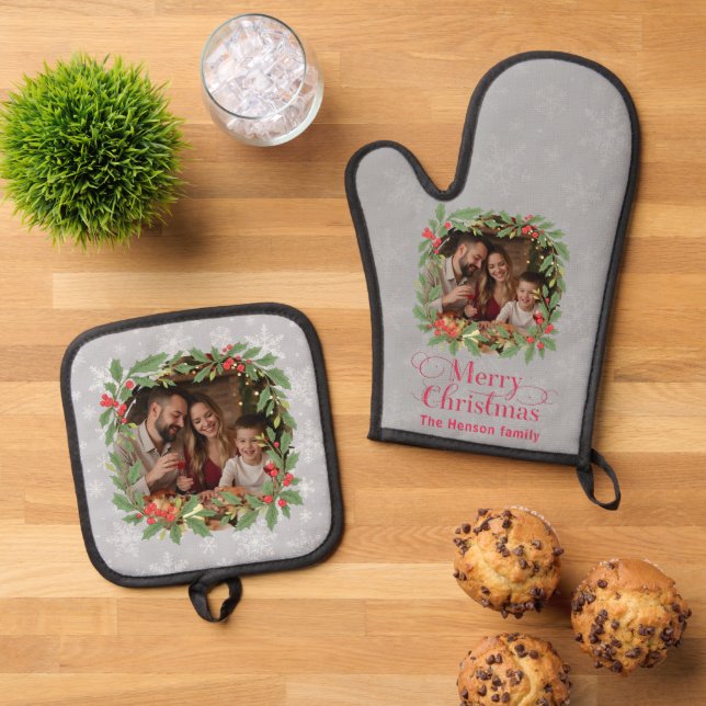 Elegant Holly Wreath Merry Christmas Photo Ofenhandschuh & Topflappen-Set (Oben Unten)