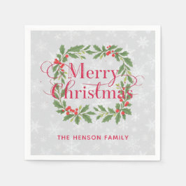 Elegant Holly Wreath Merry Christmas Serviette