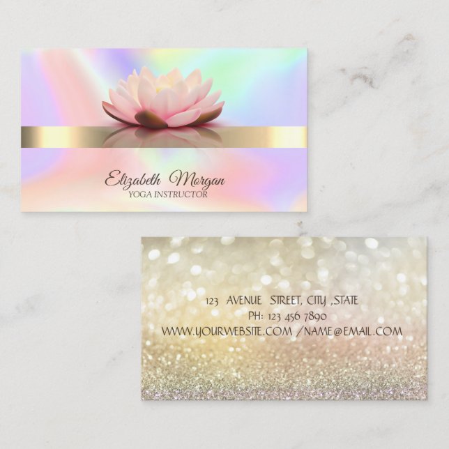 Elegant Holographic, Bokeh Gold, Lotus Blume Yoga Visitenkarte (Vorne/Hinten)