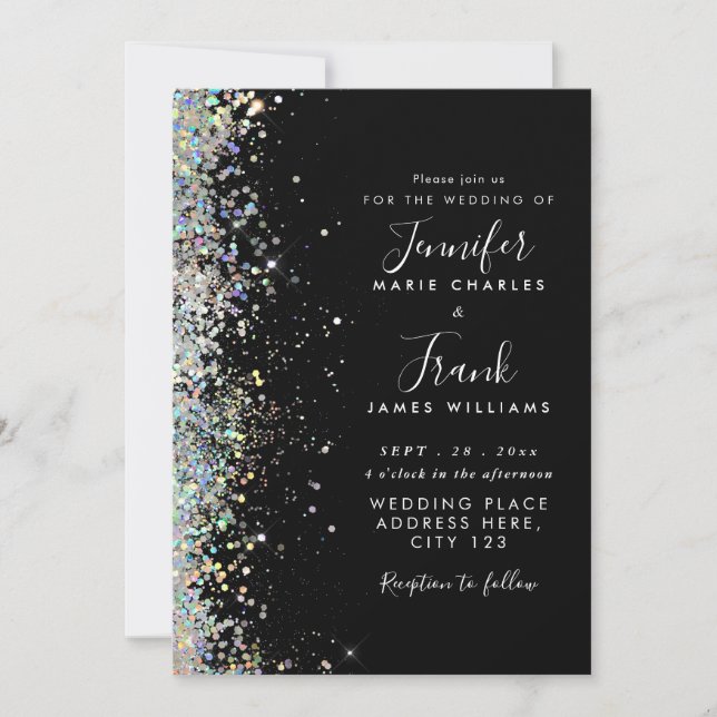 Elegant Holographic Glitter Sparkles Black Wedding Einladung (Vorderseite)