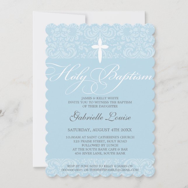 ELEGANT HOLY BAPTISM stylisches Damasketskript bla Einladung (Vorderseite)