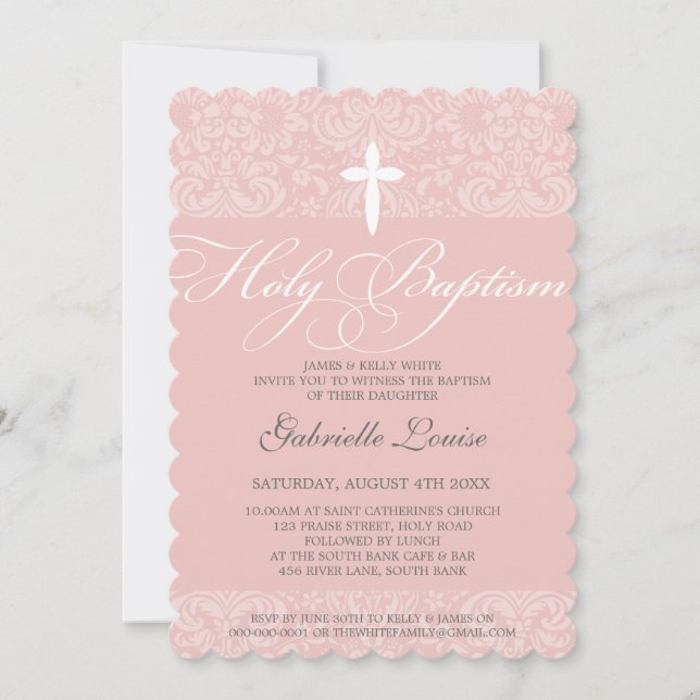 ELEGANT HOLY BAPTISM stylisches Damasskript pink Einladung (Vorderseite)