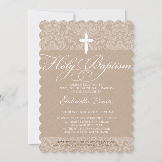 ELEGANT HOLY BAPTISM stylish damask script Einladung (Vorderseite)