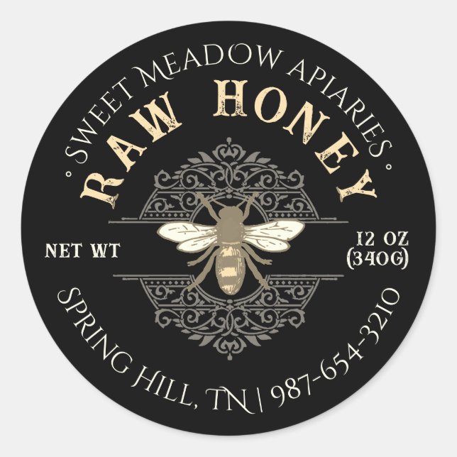 Elegant Honeybee auf French Filagrets Honey Black Runder Aufkleber (Vorderseite)