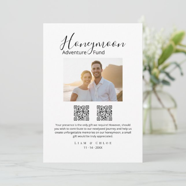 Elegant Honeymoon Fund QR Code Wedding Sign photo Einladung (Stehend Vorderseite)