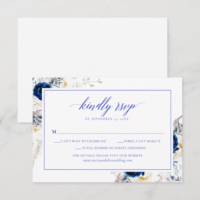 Elegant Horizon Blue Calligraphy Wedding RSVP Card Dankeskarte (Vorne/Hinten)