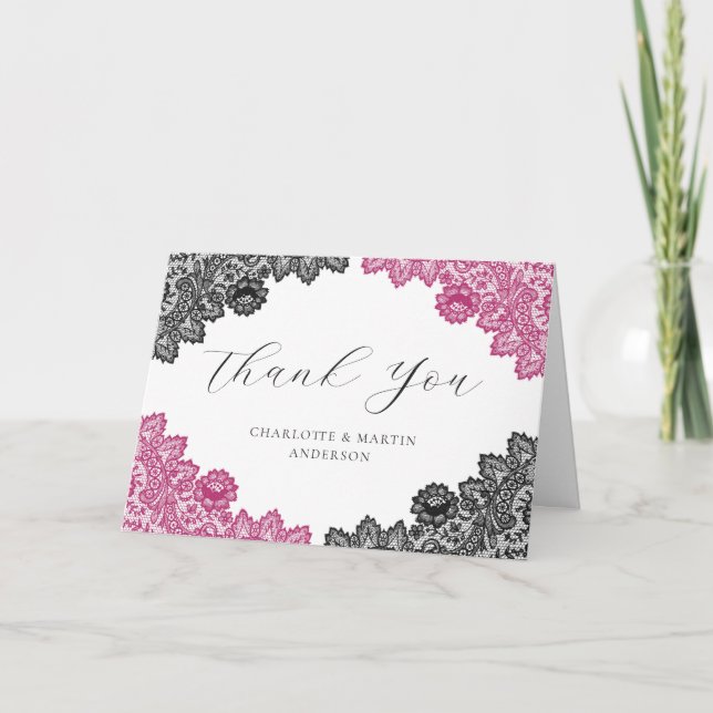 Elegant Hot Pink and Black Floral Lace Wedding Dankeskarte (Vorderseite)