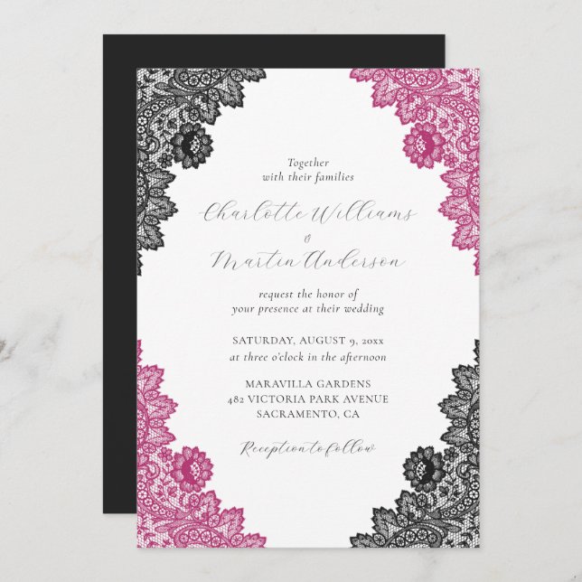 Elegant Hot Pink and Black Floral Lace Wedding Einladung (Vorne/Hinten)