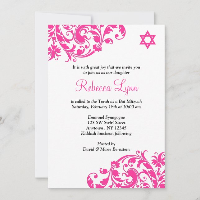 Elegant Hot Pink Blüh Bat Mitzvah Einladung (Vorderseite)
