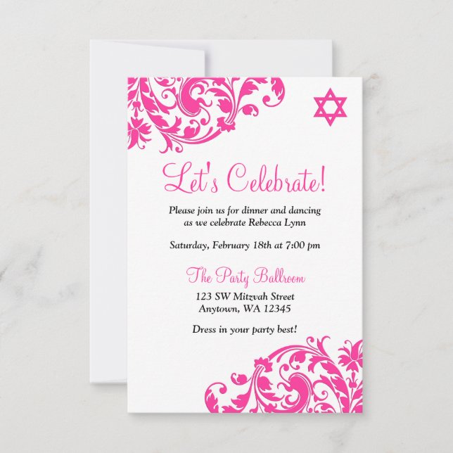 Elegant Hot Pink Blüh Bat Mitzvah Empfang Einladung (Vorderseite)