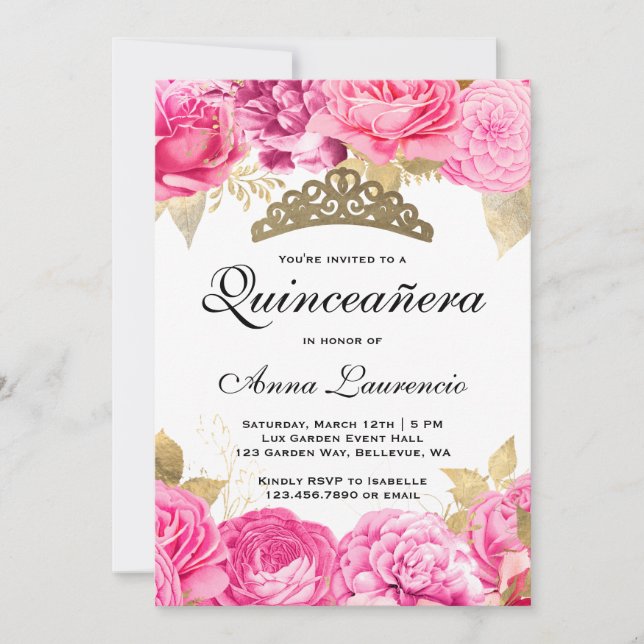 Elegant Hot Pink Floral Quinceanera Einladung (Vorderseite)