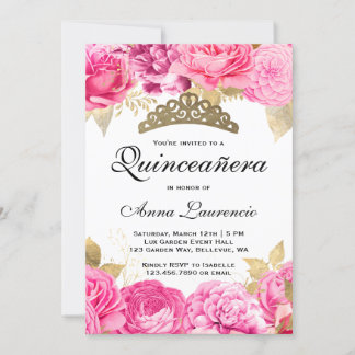 Elegant Hot Pink Floral Quinceanera Einladung