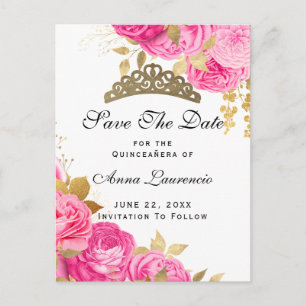 Elegant Hot Pink Floral Quinceanera Save the Date Postkarte