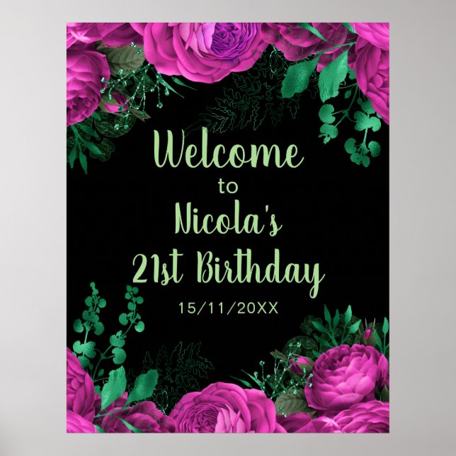 Elegant Hot Pink Flowers Birthday Party Welcome  Poster (Vorne)