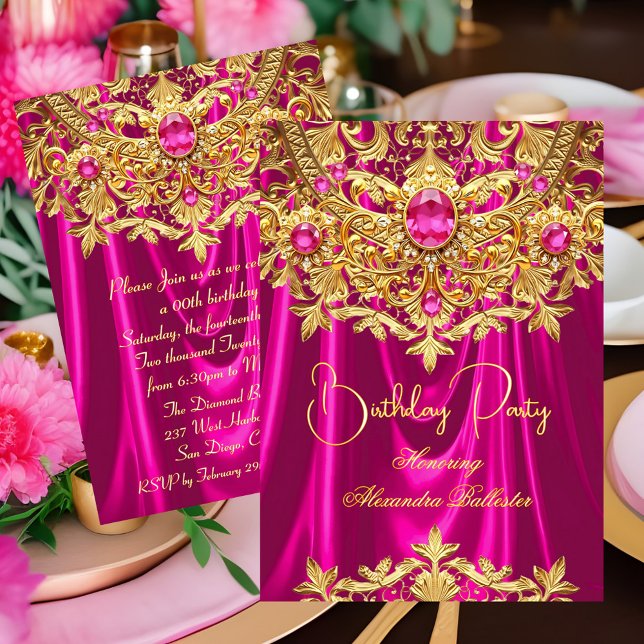 Elegant Hot Pink gems Gold Lace Damask Birthday Einladung (Von Creator hochgeladen)