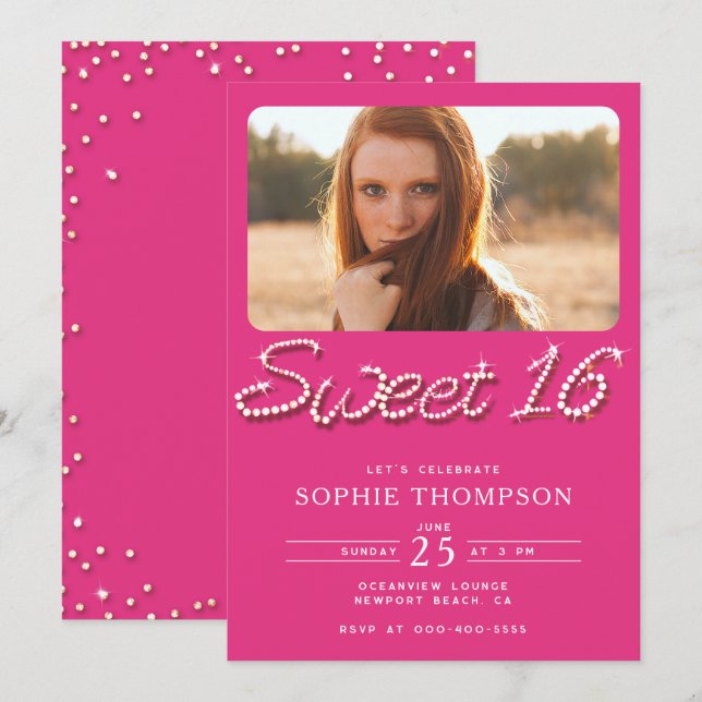Elegant Hot Pink Rhinestones Chic Sweet 16 Foto Einladung (Vorne/Hinten)