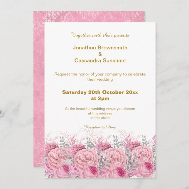ELEGANT HÜBSCH PINK FLORAL DAMASK WEDD EINLADUNG (Vorne/Hinten)