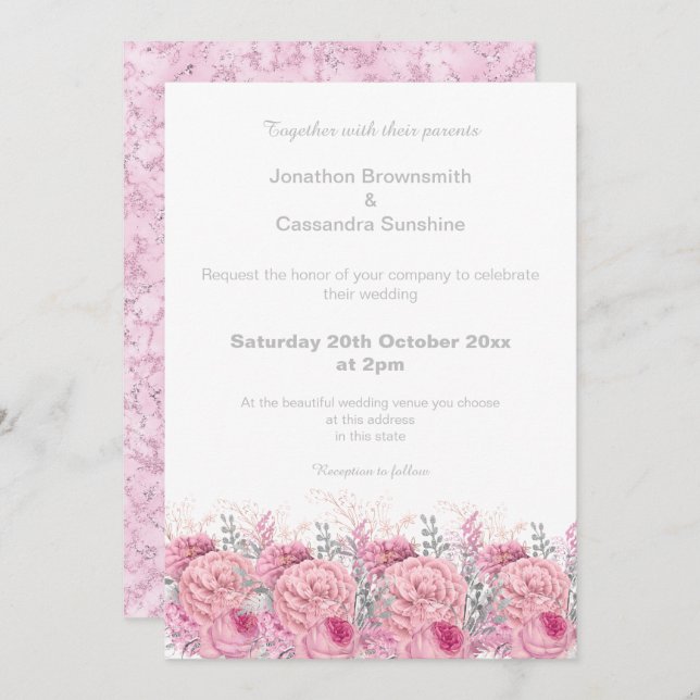 ELEGANT HÜBSCH PINK FLORAL MARBLE GLITZER WEDD EINLADUNG (Vorne/Hinten)