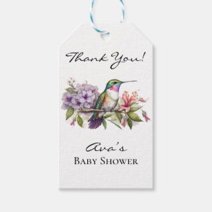 Elegant Hummingbird Lila Floral Girl Baby Shower Geschenkanhänger