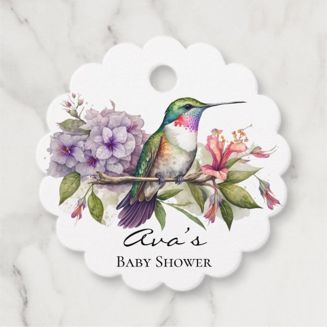 Elegant Hummingbird Lila Floral Girl Baby Shower Geschenkanhänger (Vorderseite)