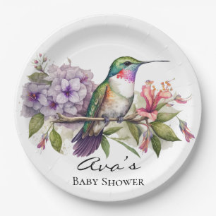 Elegant Hummingbird Lila Floral Girl Baby Shower Pappteller