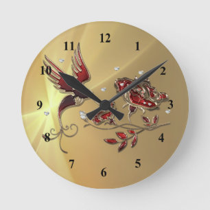 Elegant Hummingbird Red Floral Graphic Runde Wanduhr