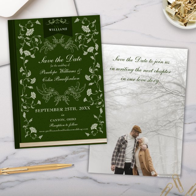 Elegant Hunter Green Library Wedding Save the Date Einladung (Formal Elegant Hunter Forest Green Floral Wedding Save the Date Invitation Cards)