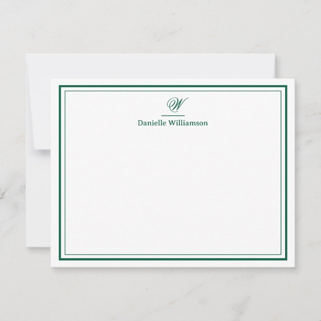 Elegant Hunter Green Monogram Double Border White Mitteilungskarte (Vorderseite)