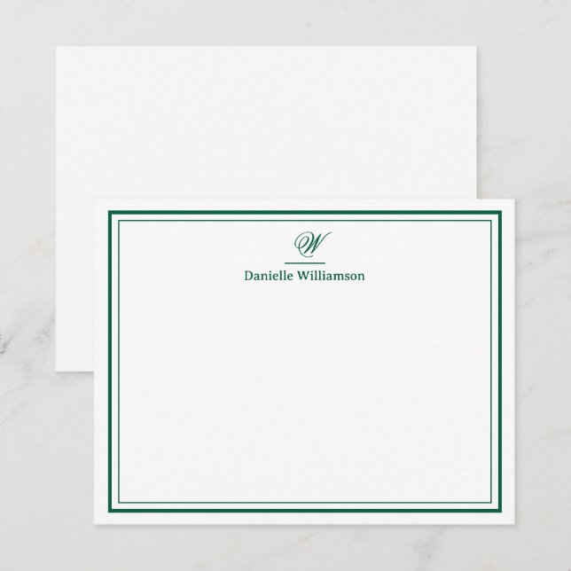 Elegant Hunter Green Monogram Double Border White Mitteilungskarte (Vorne/Hinten)