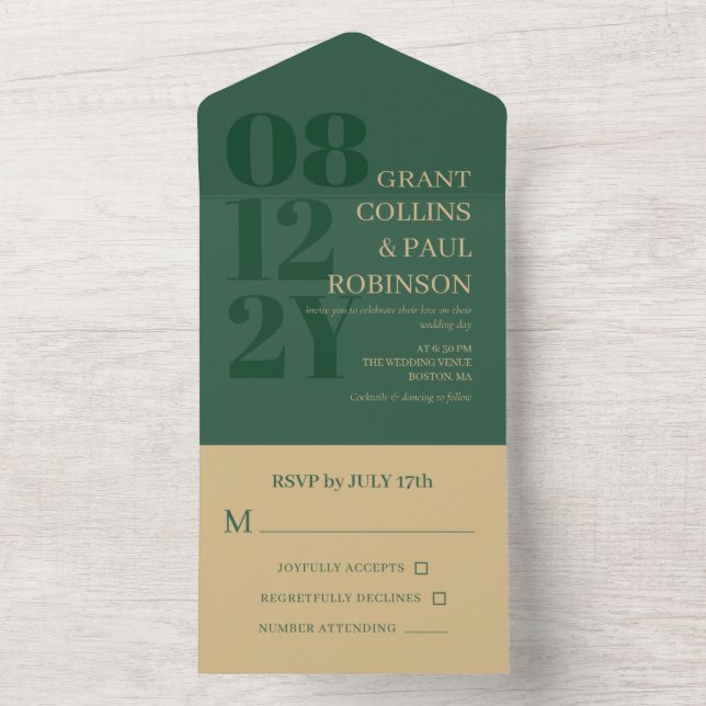 Elegant Hunter Green & Tan Typografy Wedding All In One Einladung (Innen Boden)