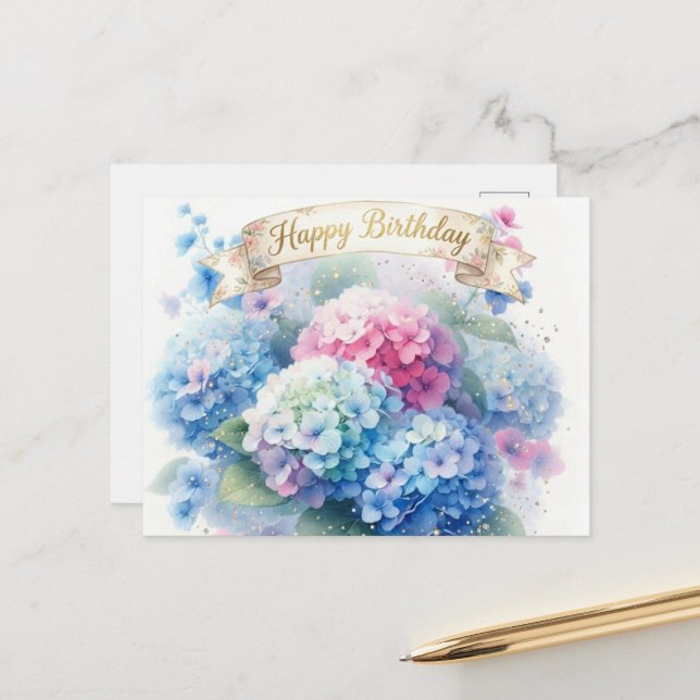 Elegant Hydrangea Blooms Happy Birthday Postcard Postkarte (Vorderseite/Rückseite Beispiel)