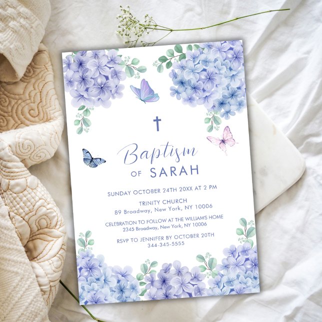 Elegant Hydrangea Blumengarten Cross Taufe Einladung (Elegant Hydrangea Flower Garden Cross Baptism Invitation)