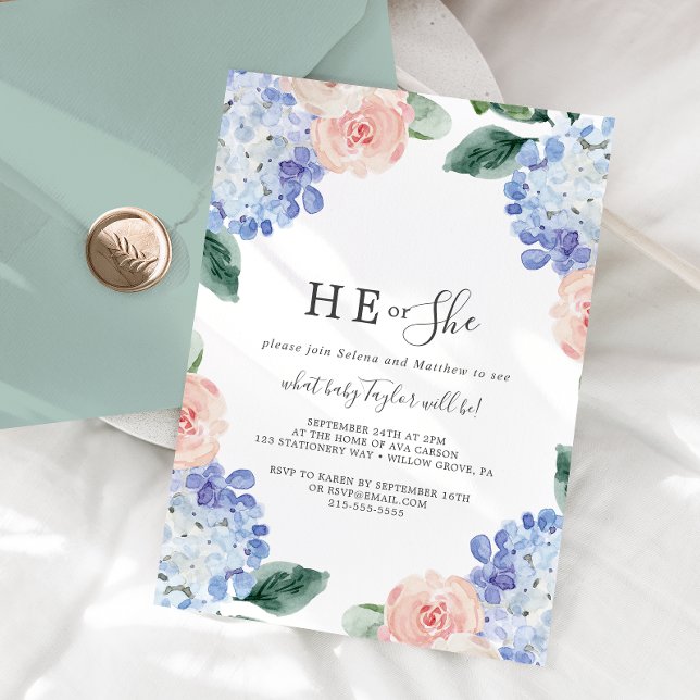Elegant Hydrangea He or she Gender Reveal Party Einladung (Von Creator hochgeladen)
