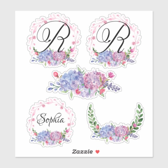 Elegant Hydrangeas | Kränze | Monogramm | Buchstab Aufkleber (Blatt)
