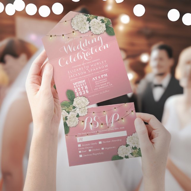 Elegant Hydrangeas String Lights Pink Wedding RSVP All In One Einladung (Von Creator hochgeladen)